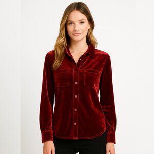 Women's Red Crushed Velvet Button Down Top L Holiday Blouse Soft Luxe Festive